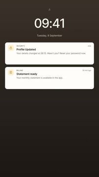 Animated portrait lock screen mockup showing banking and account notifications stacking on dark phone interface. Clock reads 09:41 as alerts arrive. Useful for app demos and UI showcases.
