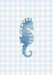 Blue watercolor seahorse illustration on a soft gingham background. Cute marine animal artwork for nursery decor and coastal design. © jenteva