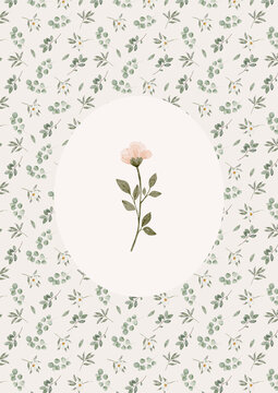 Minimal watercolor flower centered inside a soft botanical patterned frame. Delicate floral artwork for nursery decor and elegant wall design.