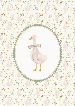 Elegant watercolor goose with a bow framed by a delicate botanical pattern. Cute vintage nursery illustration for baby decor and gentle wall art.