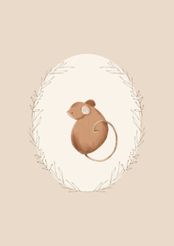 Cute watercolor mouse framed by a delicate hand drawn botanical wreath. Whimsical woodland animal artwork for nursery decor and baby room design.