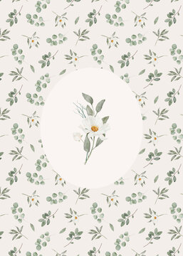 Minimal watercolor wildflower surrounded by a delicate green botanical pattern. Soft floral artwork for nursery decor and elegant wall design.