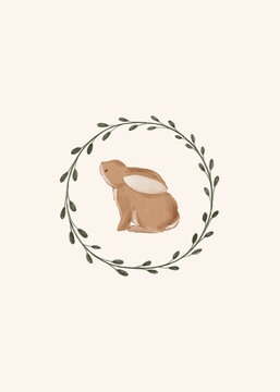 Cute watercolor rabbit framed by a simple green botanical wreath. Gentle woodland nursery artwork for baby decor and children's room design.