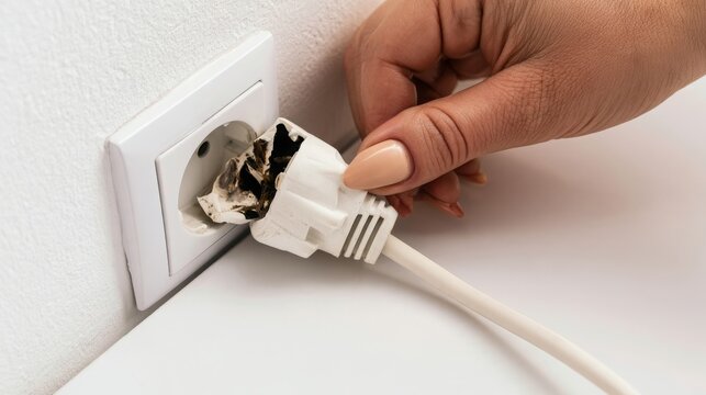 Girl incorrectly pulling electrical plug from wall socket, breaking the outlet and creating electric shock hazard, unsafe handling, home electrical safety and accident prevention.