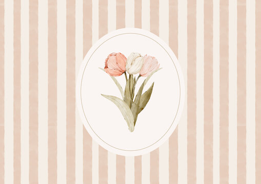 Watercolor tulip bouquet inside a delicate circular frame. Soft floral illustration on a warm striped background.