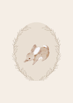 Delicate watercolor rabbits inside a soft botanical wreath. A peaceful and gentle woodland wall art design for a nursery or baby's room.