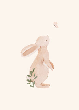 Minimal watercolor rabbit illustration on a soft neutral background with a small botanical accent. A gentle and modern design for a nursery or children's room.