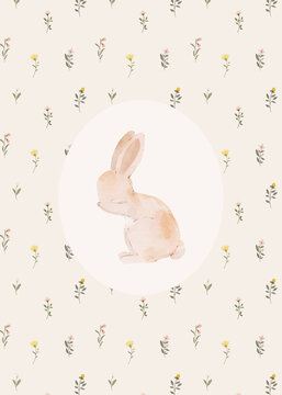 Cute watercolor bunny illustration surrounded by a delicate repeating botanical pattern. A soft and charming nursery design for a baby or children's room.