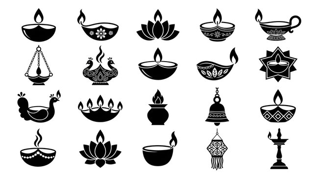 Set of black and white traditional indian oil lamp icons for diwali festival and religious celebration