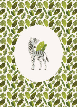 Cute zebra illustration surrounded by a leafy green botanical pattern. A playful safari-inspired wall art design, perfect for a nursery or children's room.