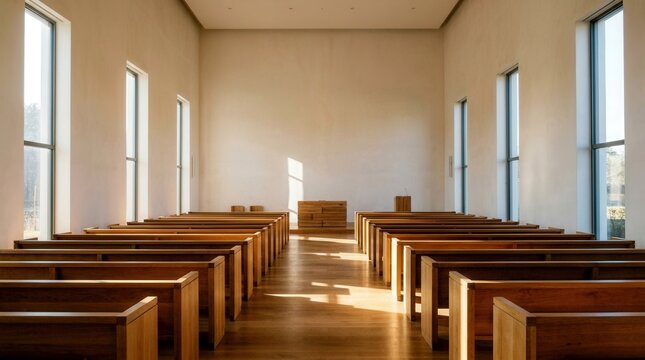 Churches feature wooden pews and rows of tall windows inside a spacious hall.