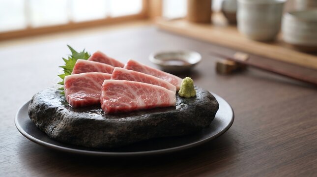 Fresh raw sliced wagyu beef sashimi served on natural black stone plate with green wasabi and garnish.