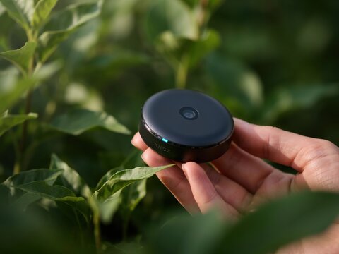 A Person Holding A Small Black Circular Smart Camera In A Garden