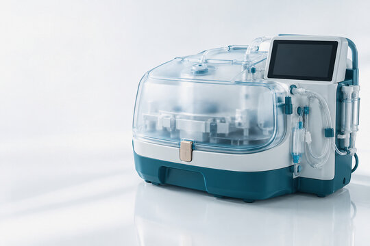 Medical organ transport perfusion machine with clear chamber and control screen in laboratory