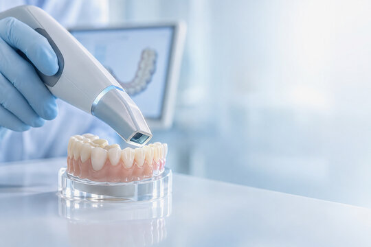 dental intraoral scanner scanning teeth model by dentist in modern clinic