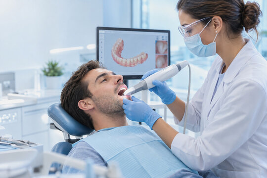 Dentist using intraoral scanner examining teeth of male patient in dental clinic