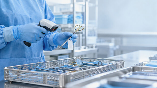 surgical instrument tracking system with barcode scanner and medical equipment in sterile processing department
