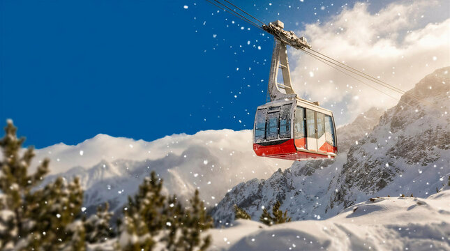 Cable car moving through snowy mountains on a sunny winter day -  