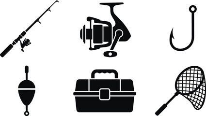 Fishing equipment and tackle gear icons for angling enthusiasts with outdoors equipment activity © MST