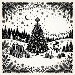 Fototapeta premium Grunge Christmas Tree Background with Vintage Floral Frame, Black Silhouette Tree, Ink Splash Texture and Decorative Nature Pattern Vector Illustration for Holiday Designs