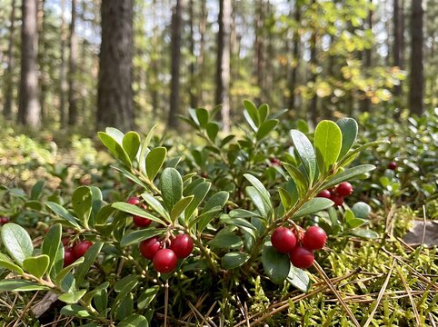 Fresh red lingonberries growing on small green bushes in a wild forest during summer. american bearberry
