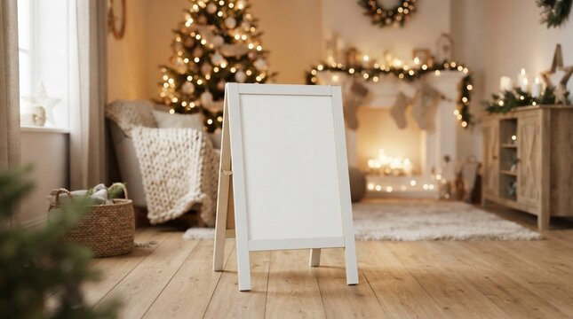 Mockup of blank white billboard on wooden floor in cozy festive Christmas living room interior with warm holiday lights