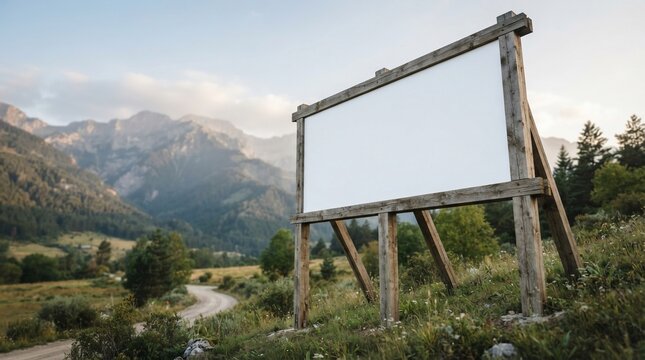 Large blank white billboard with rustic timber frame standing on mountain side for outdoor advertising mockup in scenic nature.