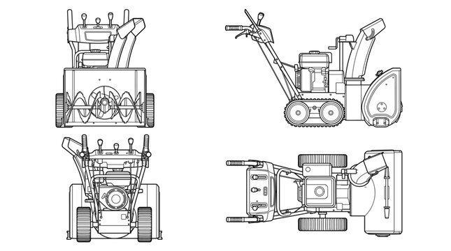 Snow Blower Technical Drawing Blueprint with Front Side Back and Top Views CAD Vector Illustration
