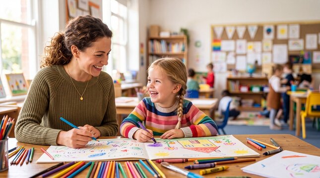 Smiling female teacher drawing with a happy young girl student in a vibrant classroom celebrating Happy Teacher Day