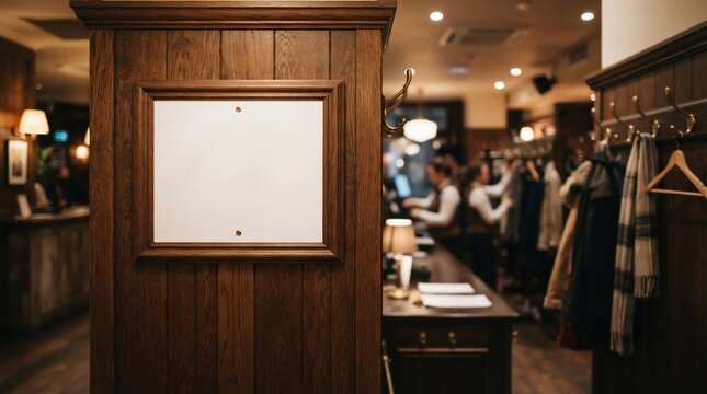 Empty white board mockup in a luxury restaurant cloakroom with staff and hangers in blurred background for text placement.