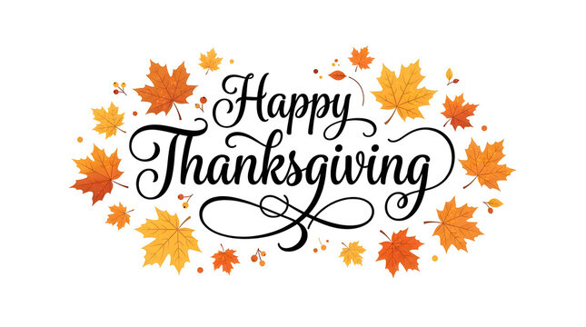Happy Thanksgiving calligraphy text decorated with autumn maple leaves