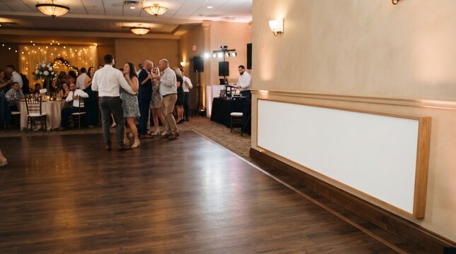 Blank horizontal sign mockup on wall at wedding reception dance floor with people dancing in background.