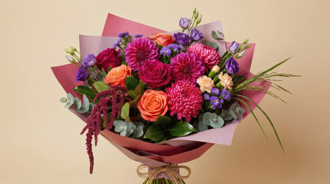 Vibrant bouquet of roses, dahlias and purple flowers wrapped in pink paper with eucalyptus greenery colorful florist arrangement on beige background