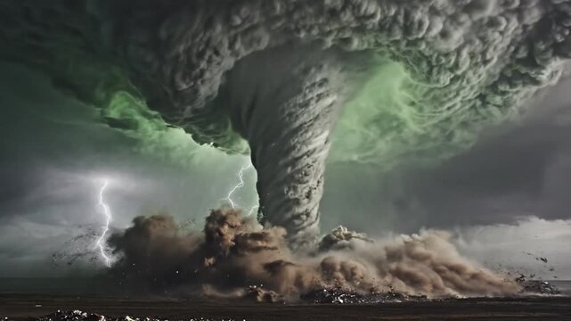 A massive dark tornado swirls under a heavy and stormy sky