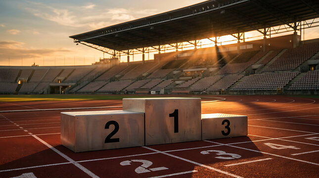 Empty sports podium with numbers one two and three on running track arena