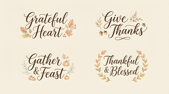 Thanksgiving calligraphy lettering set with decorative autumn foliage elements