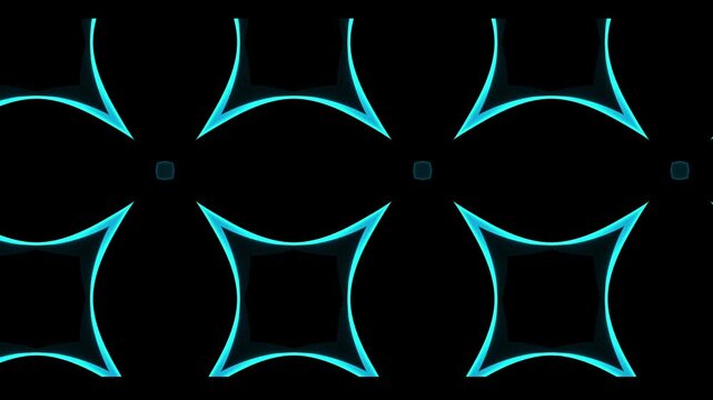 Abstract cyan blue kaleidoscope pattern background. Seamless geometric glowing floral wave loop animation. Futuristic dynamic light ornament structure video overlay.