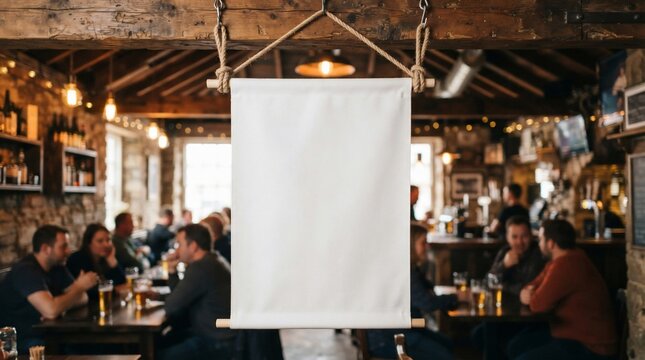 Blank white vertical banner hanging in a rustic pub interior with blurred people dining at wooden tables for mockup.