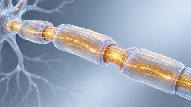Detailed myelinated nerve fiber showing saltatory nerve impulse conduction