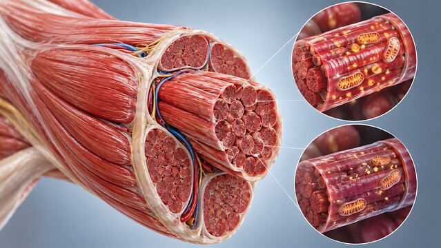 Detailed skeletal muscle anatomy showing muscle fibers and myofibrils