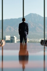 Naklejka na ściany i meble Executive man in a conference room overlooking mountain and city skyline for corporate background, banner and office wallpaper design