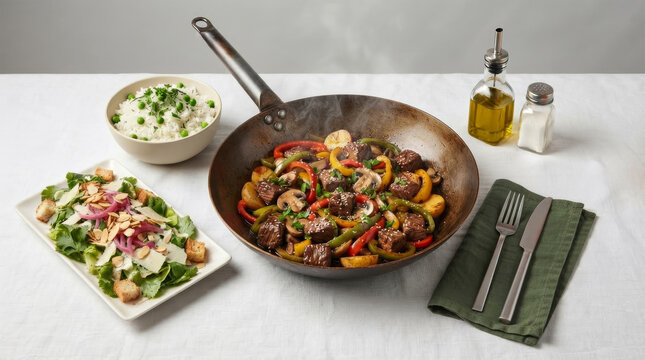 Diced meat with saut&eacute;ed vegetables in a wok, served with rice and a fresh salad on a table with a white linen tablecloth