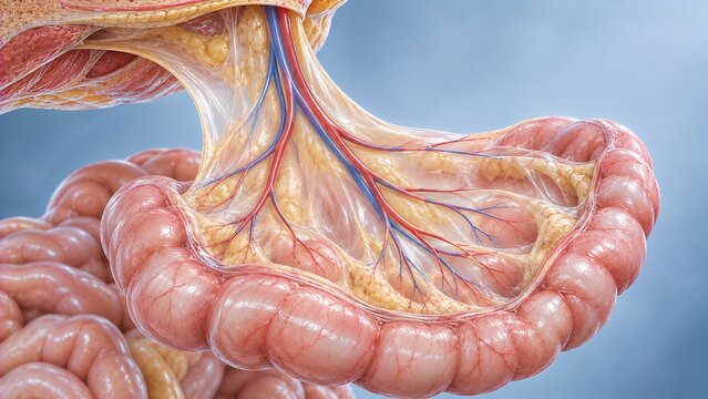 Detailed colon anatomy with mesocolon and blood vessels