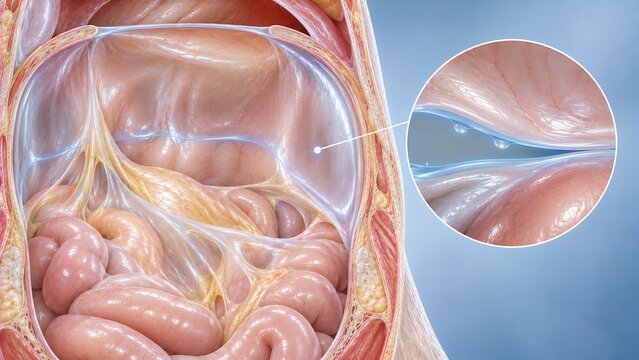 Abdominal adhesions with fibrous bands between peritoneal surfaces