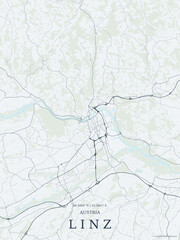 Fototapeta premium Clean soft-blue street map poster of Linz, Upper Austria, showcasing the Danube River, regional highways, urban road network, and geographical coordinates.