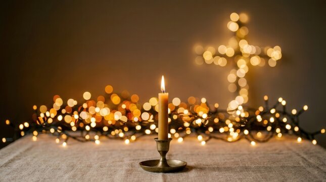 Burning candle in a brass holder with glowing fairy lights shaped like a cross.
