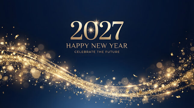 2027 Happy New Year greeting with gold glitter wave on dark blue background