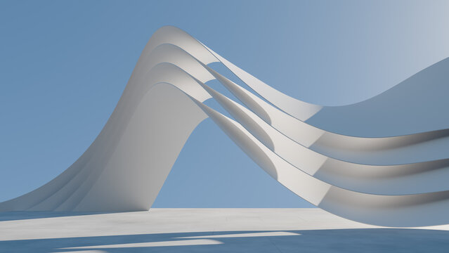Modern abstract architecture white concrete wave sculpture structure under blue sky. Futuristic parametric design building wall with soft shadows, minimalist line curve presentation concept