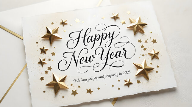 Happy New Year greeting card with gold stars and elegant calligraphy text