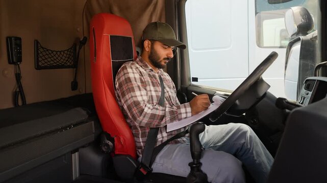 Indian truck driver writing on clipboard in cabin